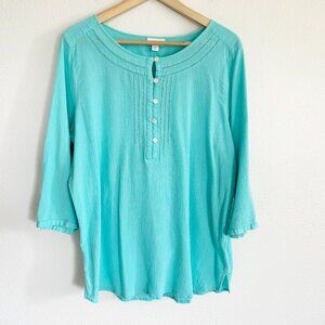 J Jill Top LP Teal Blue Crinkle Gauze Henley Tunic 3/4 Sleeve Lightweight